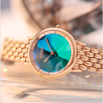 6034 GUOU Relógios de pulso à prova d&#39;água com mostrador colorido verde pulseira de relógio de aço inoxidável e relógios femininos de colarinho branco